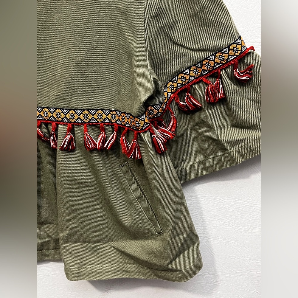 Olive Green Tassel Trim Oversized Boho Aztec Jean Jacket Large - Picture 4 of 10